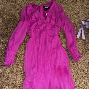 DKNY Pink Smocked-Waist Dress